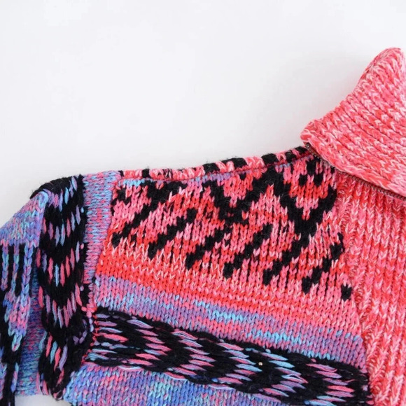 John + Jenn Nash Sweater Neon Pink & Teal Knit Abstract Quarter-Zip  Sweater S - Picture 9 of 12